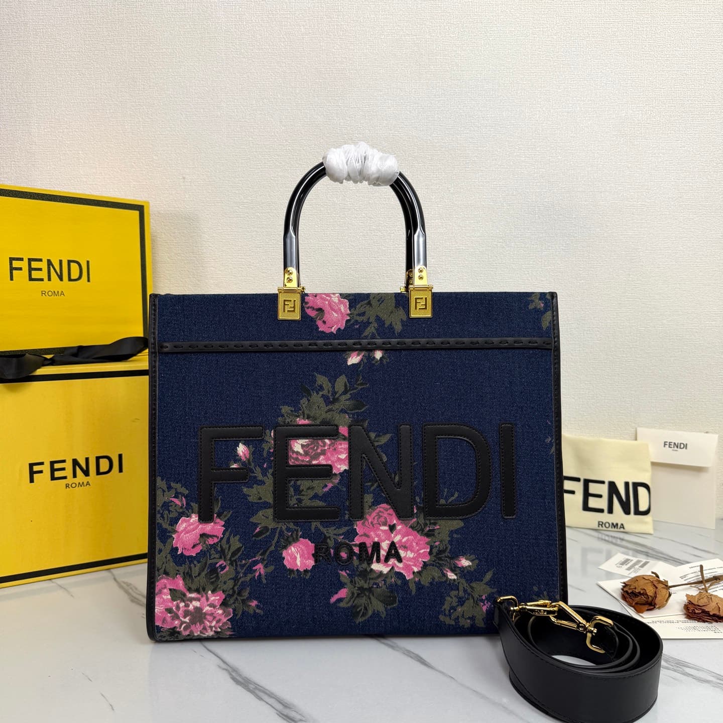 C2842 New Fendi denim rose tote bag|35CM — image 1
