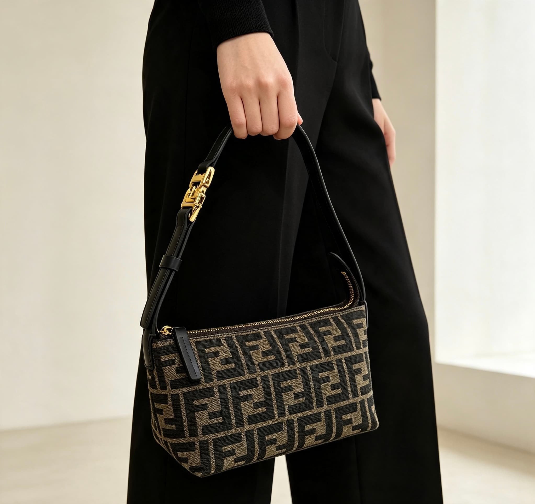 C2835 FENDI vintage/retro mini underarm bag, made from carefully selected oil-wax wrinkled cowhide and classic FF print fabric, offering a fine texture and durability. — image 4