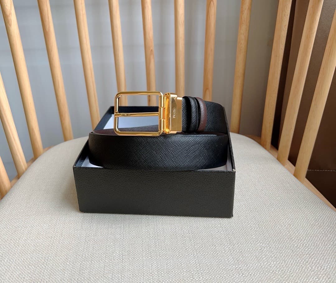 C32933 Prada – This double-sided belt features the iconic Saffiano leather material, along with metal buckles in a distinctive design. It exudes elegance and modernity. Width: 3.5cm — image 5