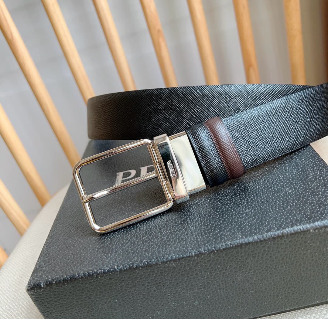 C32931 Prada – This double-sided belt features the iconic Saffiano leather material, along with metal buckles in a distinctive design. It exudes elegance and a modern style. Width: 3.5cm — image 2