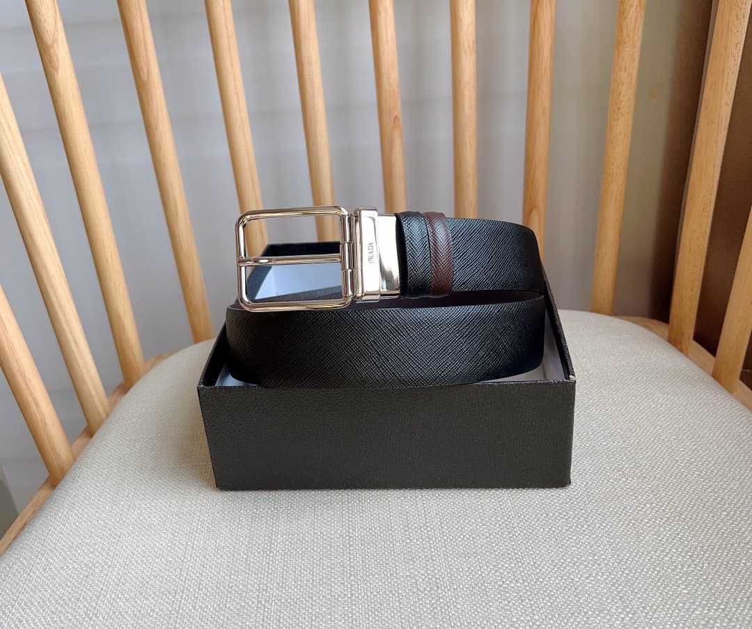 C32931 Prada – This double-sided belt features the iconic Saffiano leather material, along with metal buckles in a distinctive design. It exudes elegance and a modern style. Width: 3.5cm — image 5