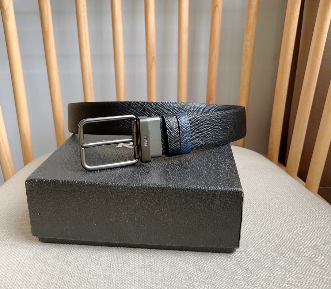 C32930 Prada – This double-sided belt features the iconic Saffiano leather material, along with metal buckles in a distinctive design. It exudes elegance and modernity. Width: 3.5cm — image 1