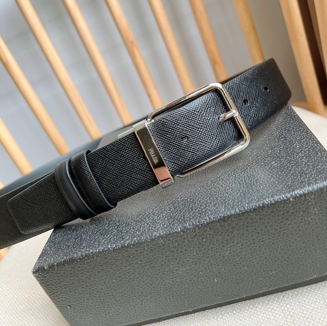 C32927 Prada – This dual-sided belt features the iconic Saffiano leather material, along with metal buckles in a distinctive design. It exudes elegance and modernity. Width: 3.5cm — image 7