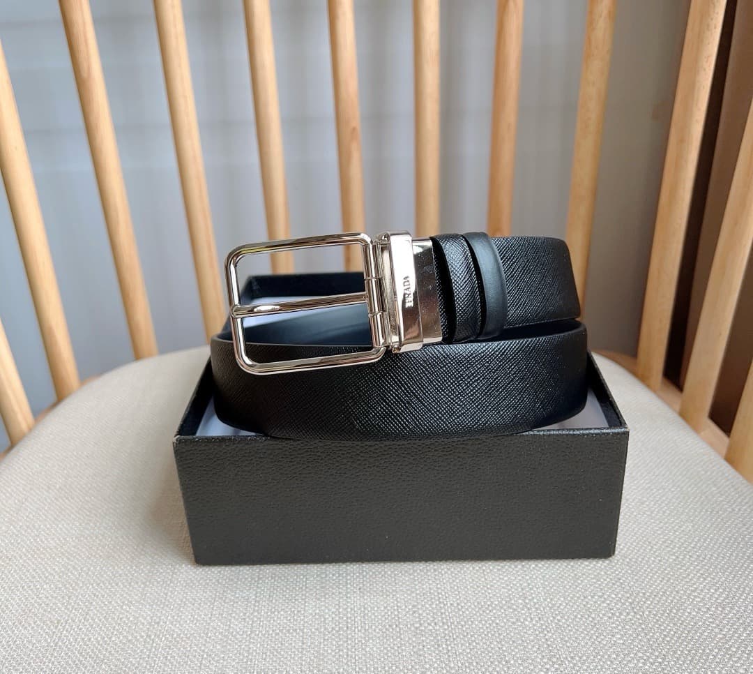 C32927 Prada – This dual-sided belt features the iconic Saffiano leather material, along with metal buckles in a distinctive design. It exudes elegance and modernity. Width: 3.5cm — image 5