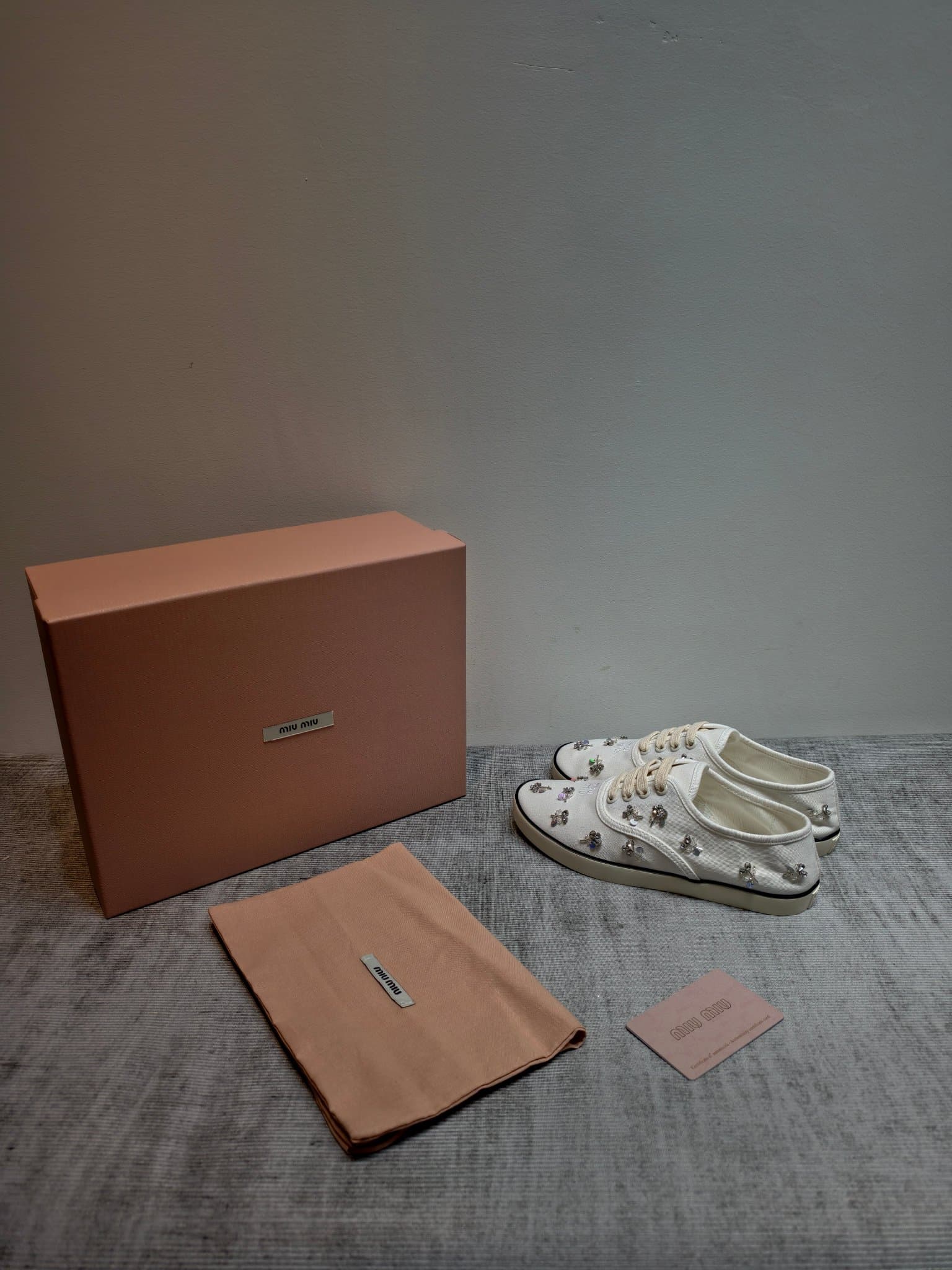 D10643 MIUMIU 2026 new model. The upper is made of twill canvas (textile material) with a textile lining. The sole is made of rubber with the brand logo. The insole is a detachable cloth insole, ensuring comfort and a high-end brand feel. Iconic “pearlesq — image 3