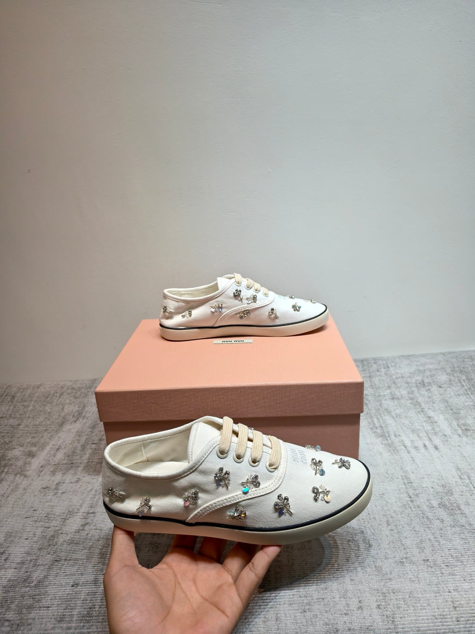 D10643 MIUMIU 2026 new model. The upper is made of twill canvas (textile material) with a textile lining. The sole is made of rubber with the brand logo. The insole is a detachable cloth insole, ensuring comfort and a high-end brand feel. Iconic “pearlesq — image 4