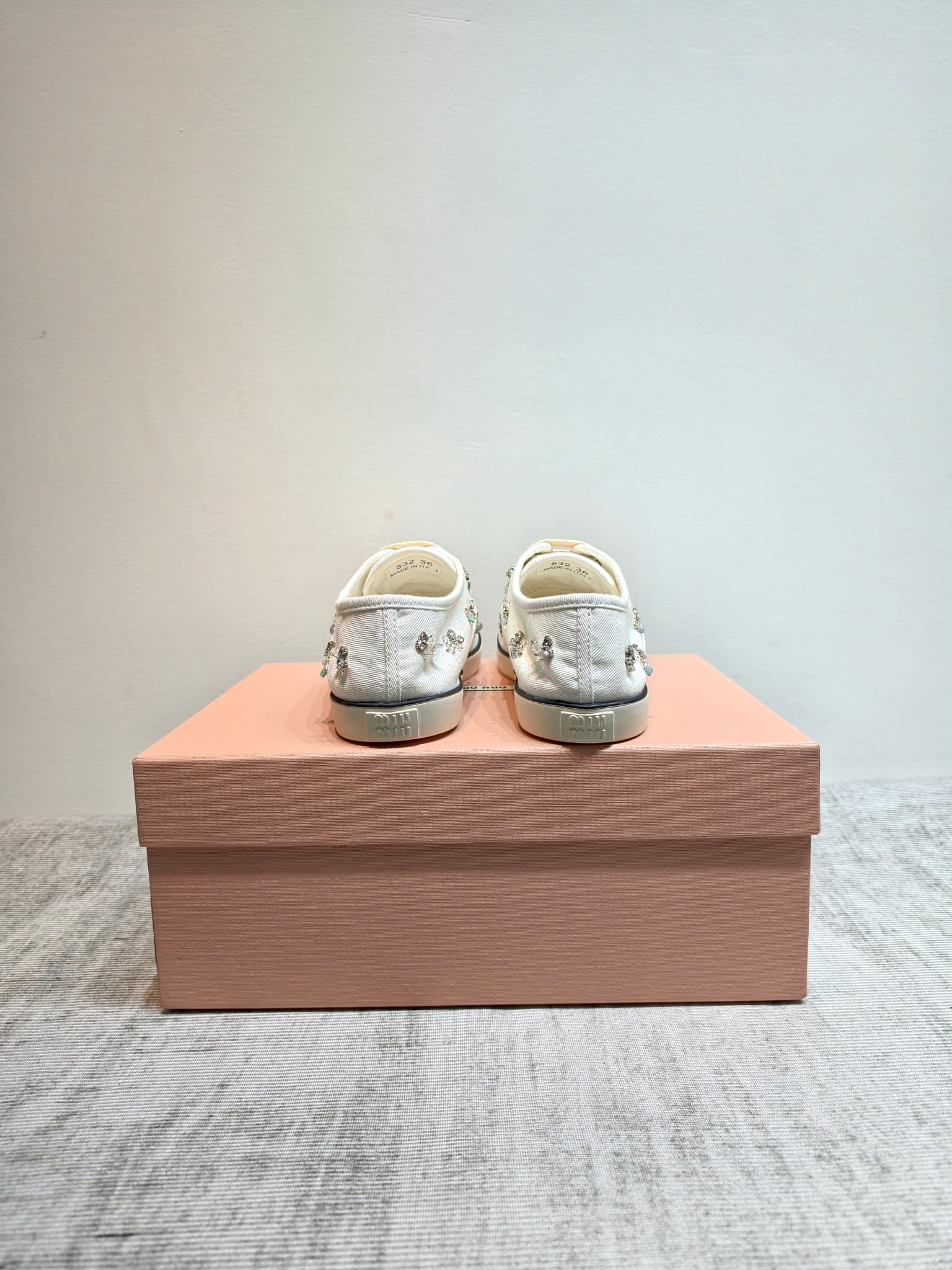 D10643 MIUMIU 2026 new model. The upper is made of twill canvas (textile material) with a textile lining. The sole is made of rubber with the brand logo. The insole is a detachable cloth insole, ensuring comfort and a high-end brand feel. Iconic “pearlesq — image 5