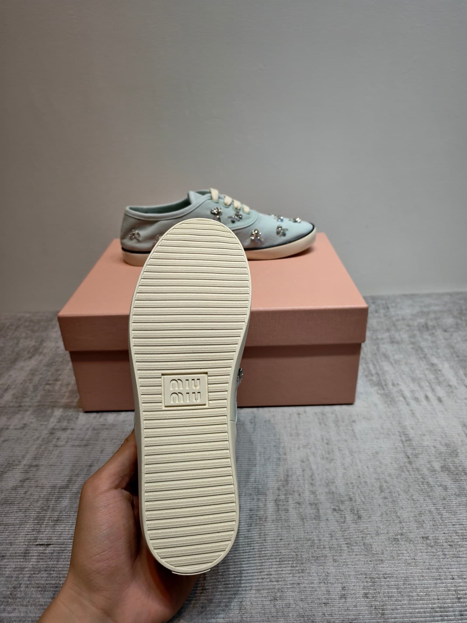D10641 MIUMIU 2026 new model. The upper is made of twill canvas (textile material) with a textile lining. The sole is made of rubber with the brand logo. The insole is a detachable fabric insole, ensuring comfort and a distinct brand style. Signature “dia — image 5