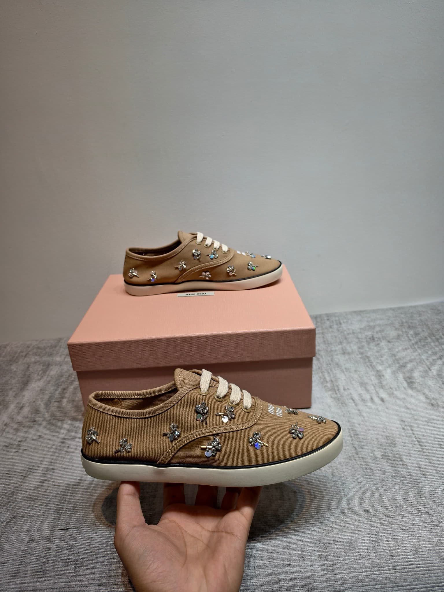D10640 MIUMIU 2026 new model: The upper is made of twill canvas (textile material) with a textile lining. The sole is made of rubber with the brand logo. The insole is a detachable cloth insole, ensuring comfort while maintaining the brand’s aesthetic. Ic — image 2