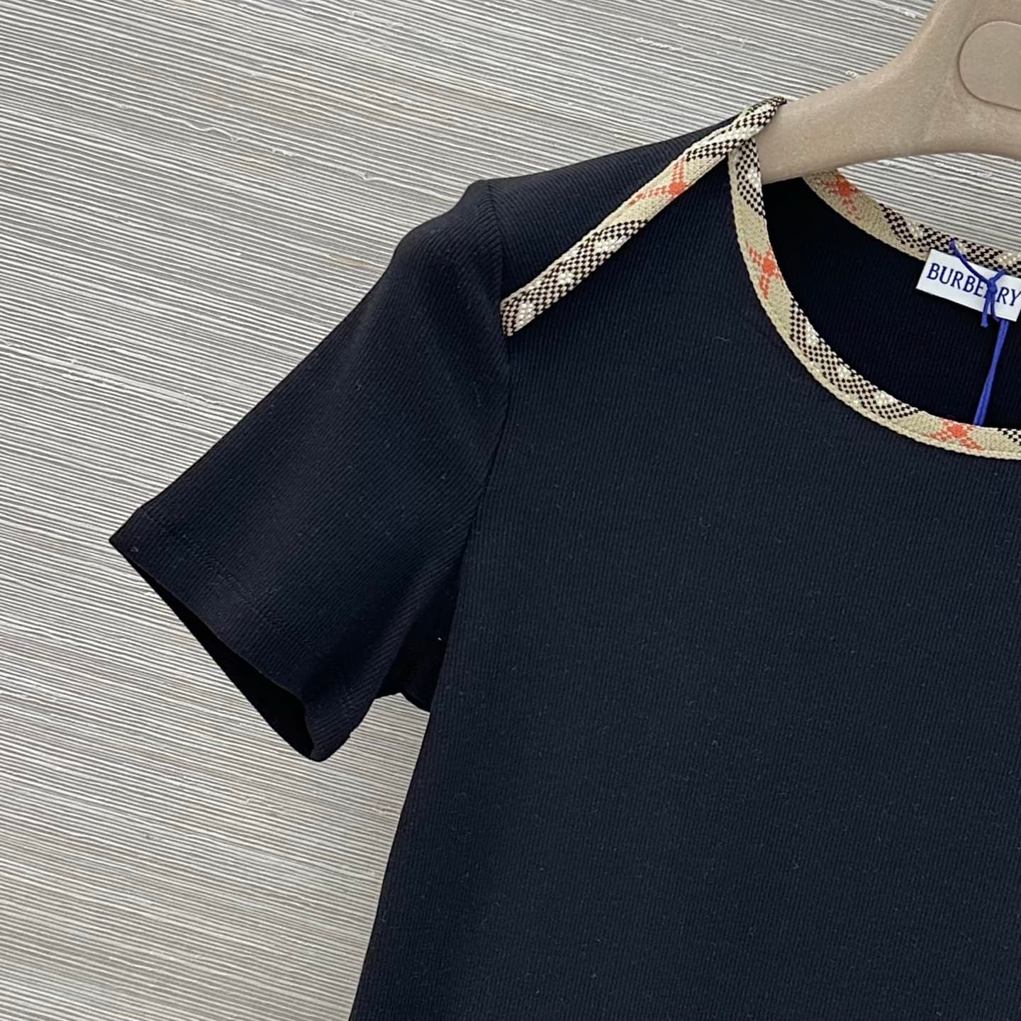 C18549 Original quality ❤️ Classic casual outfit for Bur family girls! T-shirt with color-woven check trim and one-shoulder short sleeves. Features embroidered “Rider” design – I absolutely love this fashionable style! The waist-catching fit is a must-hav — image 3