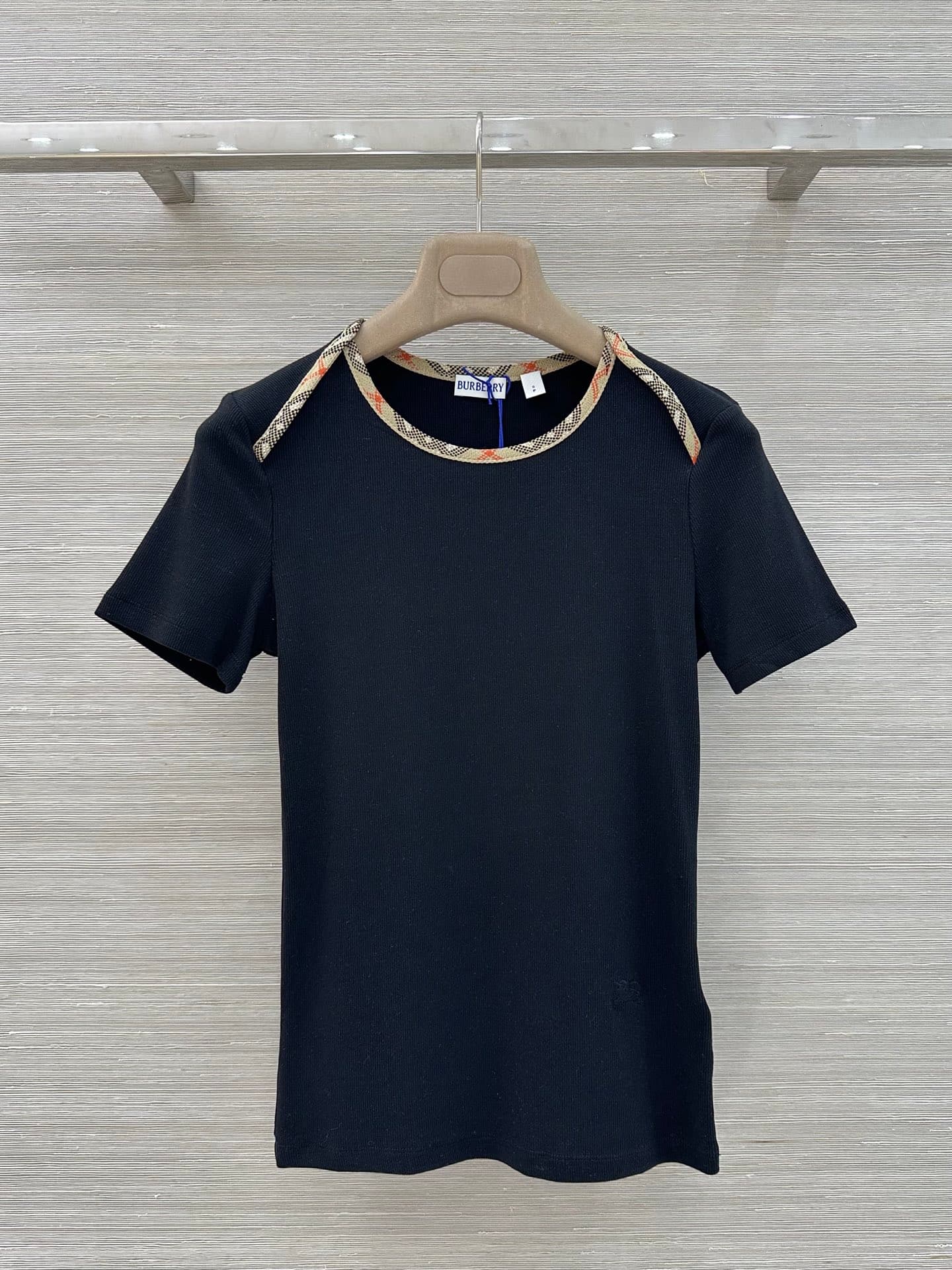 C18549 Original quality ❤️ Classic casual outfit for Bur family girls! T-shirt with color-woven check trim and one-shoulder short sleeves. Features embroidered “Rider” design – I absolutely love this fashionable style! The waist-catching fit is a must-hav — image 1