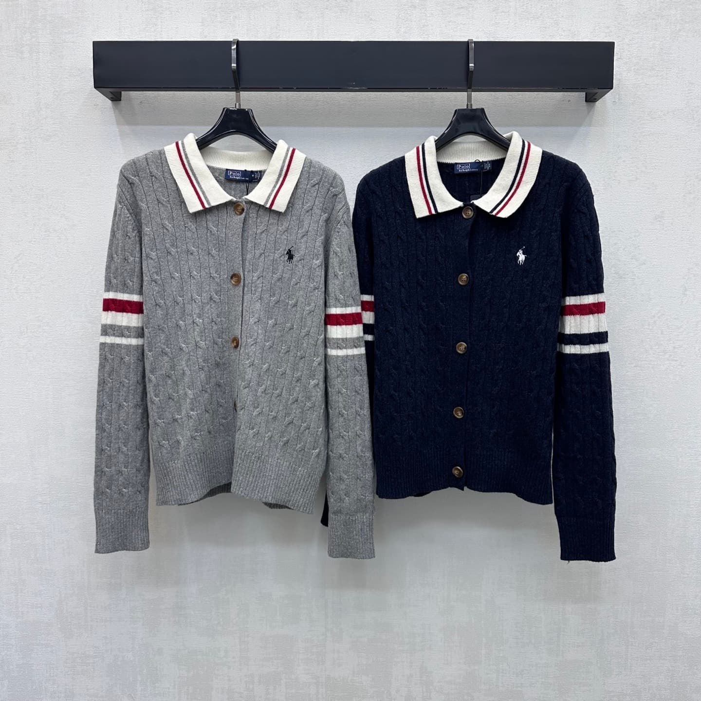 C19546 Ralph Laure*2026 new product launched! Vintage/retro pattern, embroidered knitted cardigan with contrasting stripes. Custom YB imported knitting material – soft and comfortable, warm and breathable. Features a Polo collar with contrasting stripe ed — image 8