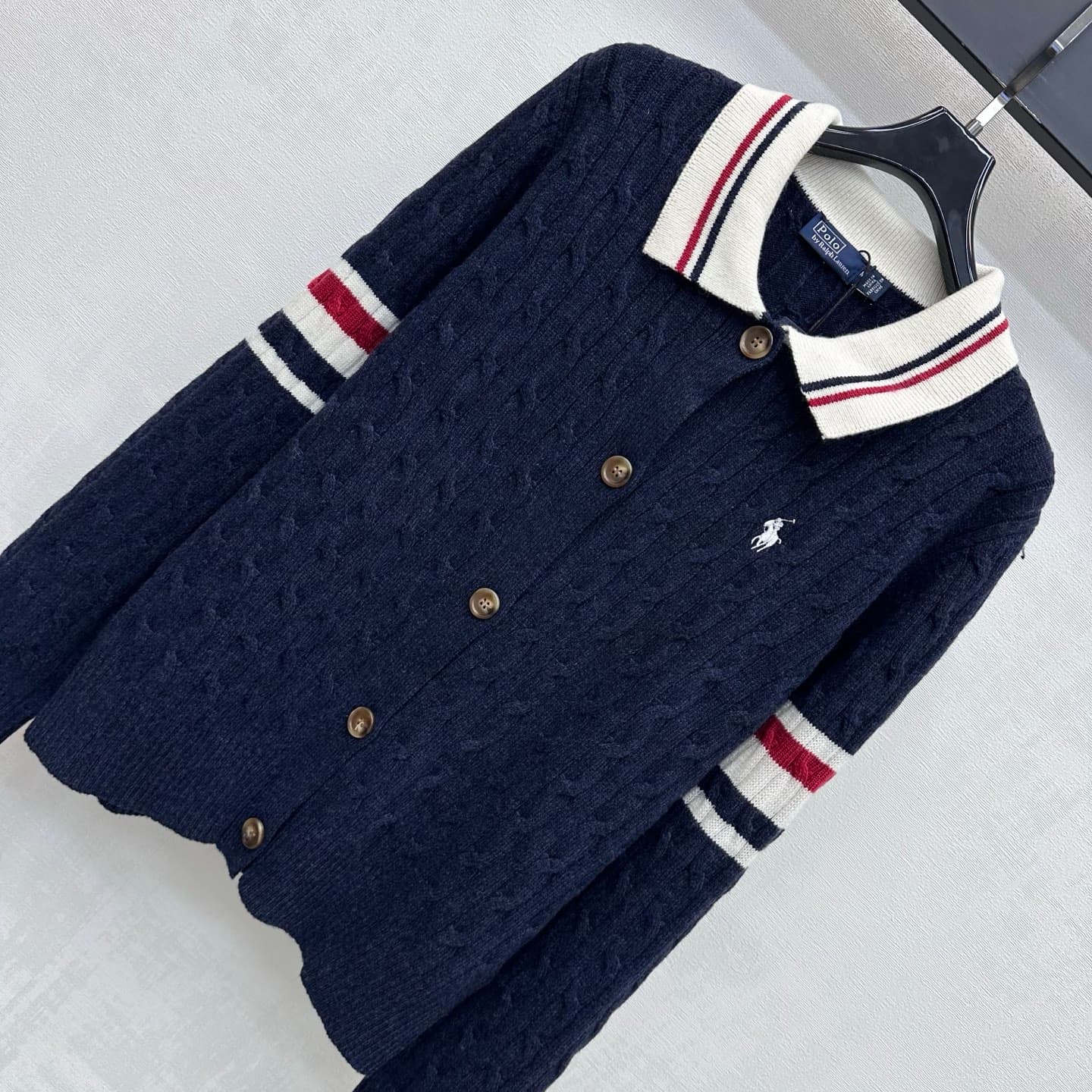 C19546 Ralph Laure*2026 new product launched! Vintage/retro pattern, embroidered knitted cardigan with contrasting stripes. Custom YB imported knitting material – soft and comfortable, warm and breathable. Features a Polo collar with contrasting stripe ed — image 2
