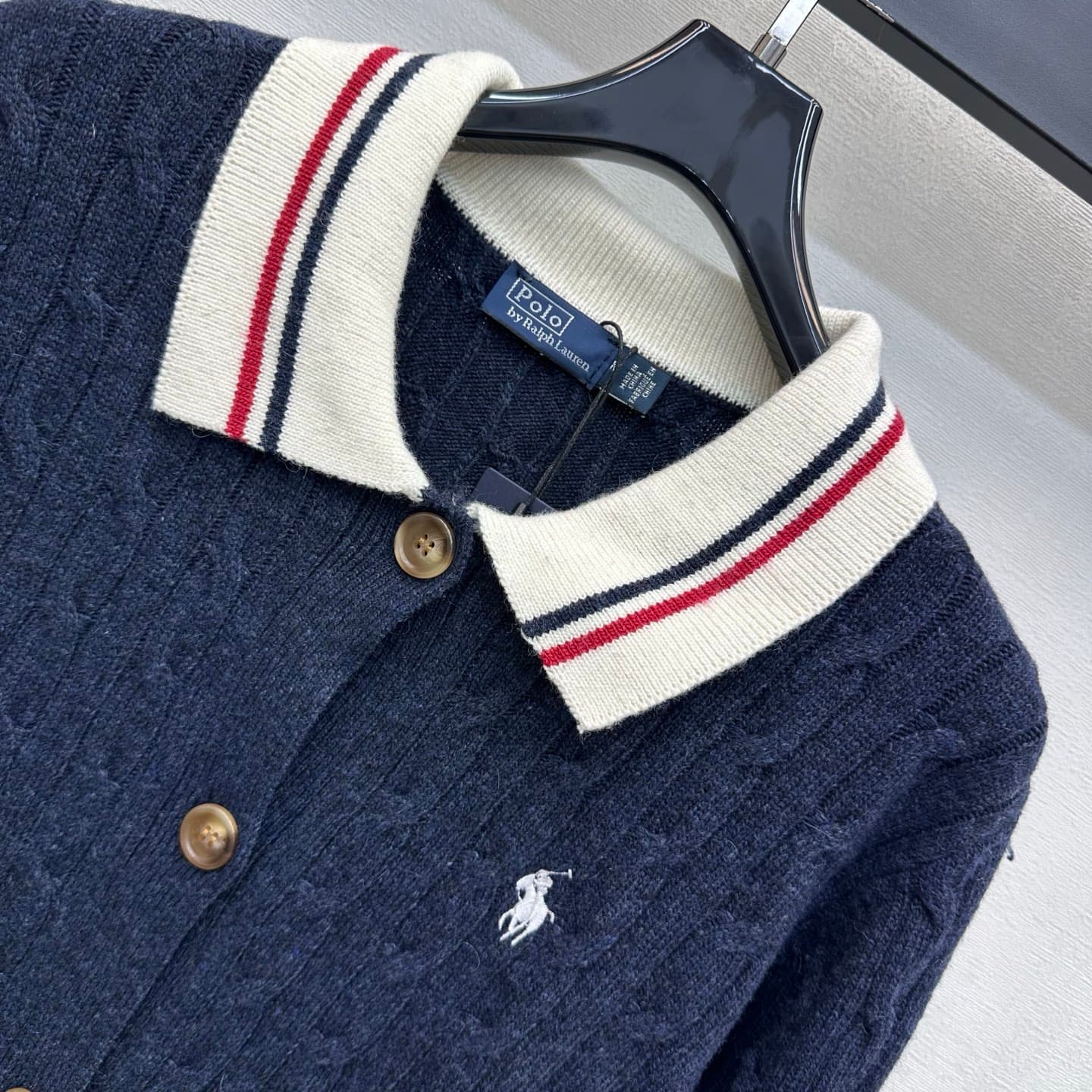 C19546 Ralph Laure*2026 new product launched! Vintage/retro pattern, embroidered knitted cardigan with contrasting stripes. Custom YB imported knitting material – soft and comfortable, warm and breathable. Features a Polo collar with contrasting stripe ed — image 3