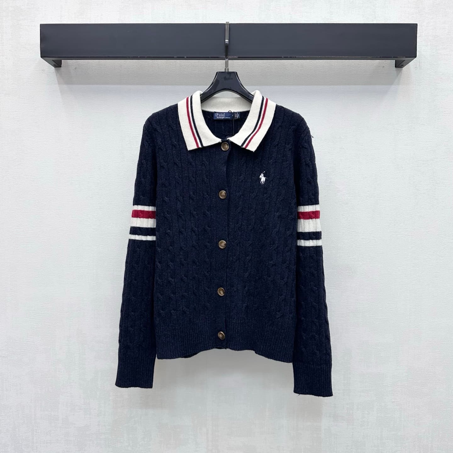 C19546 Ralph Laure*2026 new product launched! Vintage/retro pattern, embroidered knitted cardigan with contrasting stripes. Custom YB imported knitting material – soft and comfortable, warm and breathable. Features a Polo collar with contrasting stripe ed — image 1