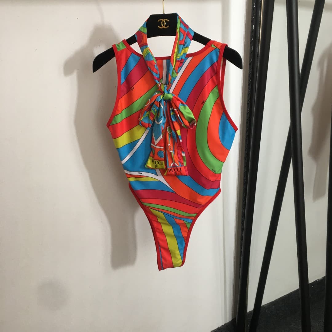 C24936 Style number 20250722 Pucc*. New model: irregular color combination and abstract print one-piece swimsuit (with chest pad), comes with a scarf. Orange color, S-XL size. — image 1
