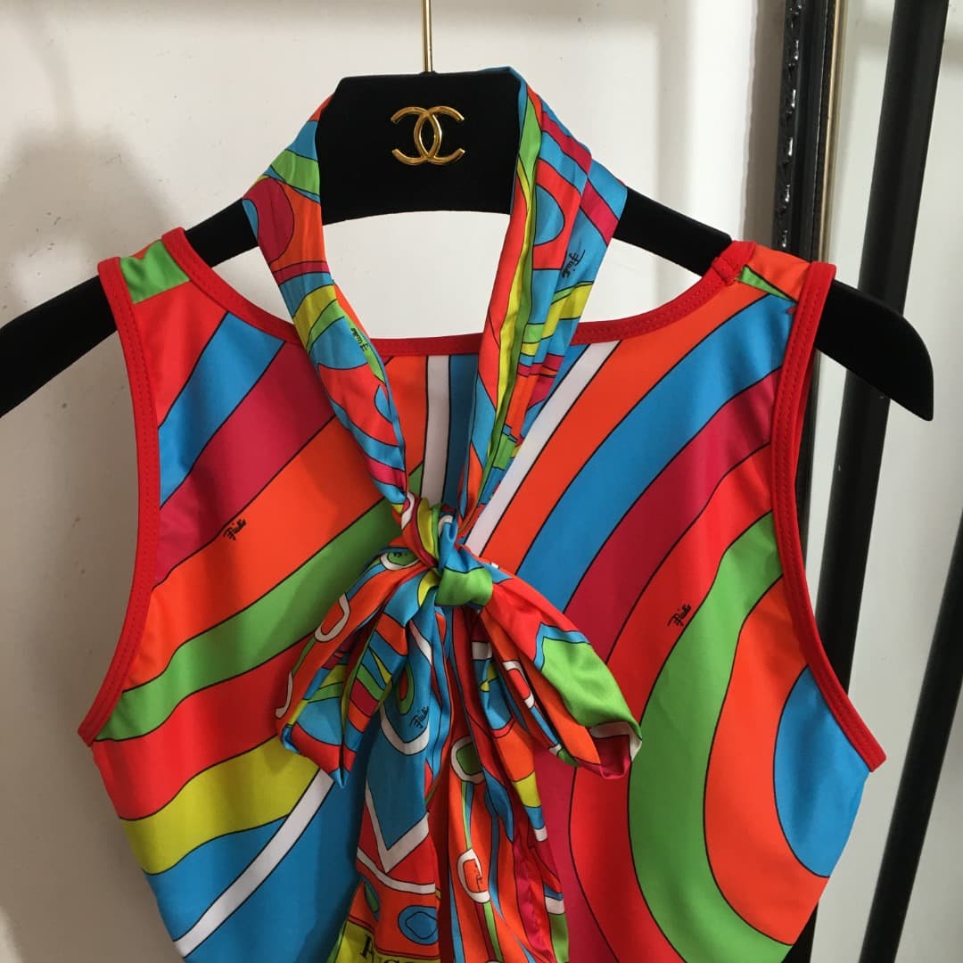 C24936 Style number 20250722 Pucc*. New model: irregular color combination and abstract print one-piece swimsuit (with chest pad), comes with a scarf. Orange color, S-XL size. — image 2