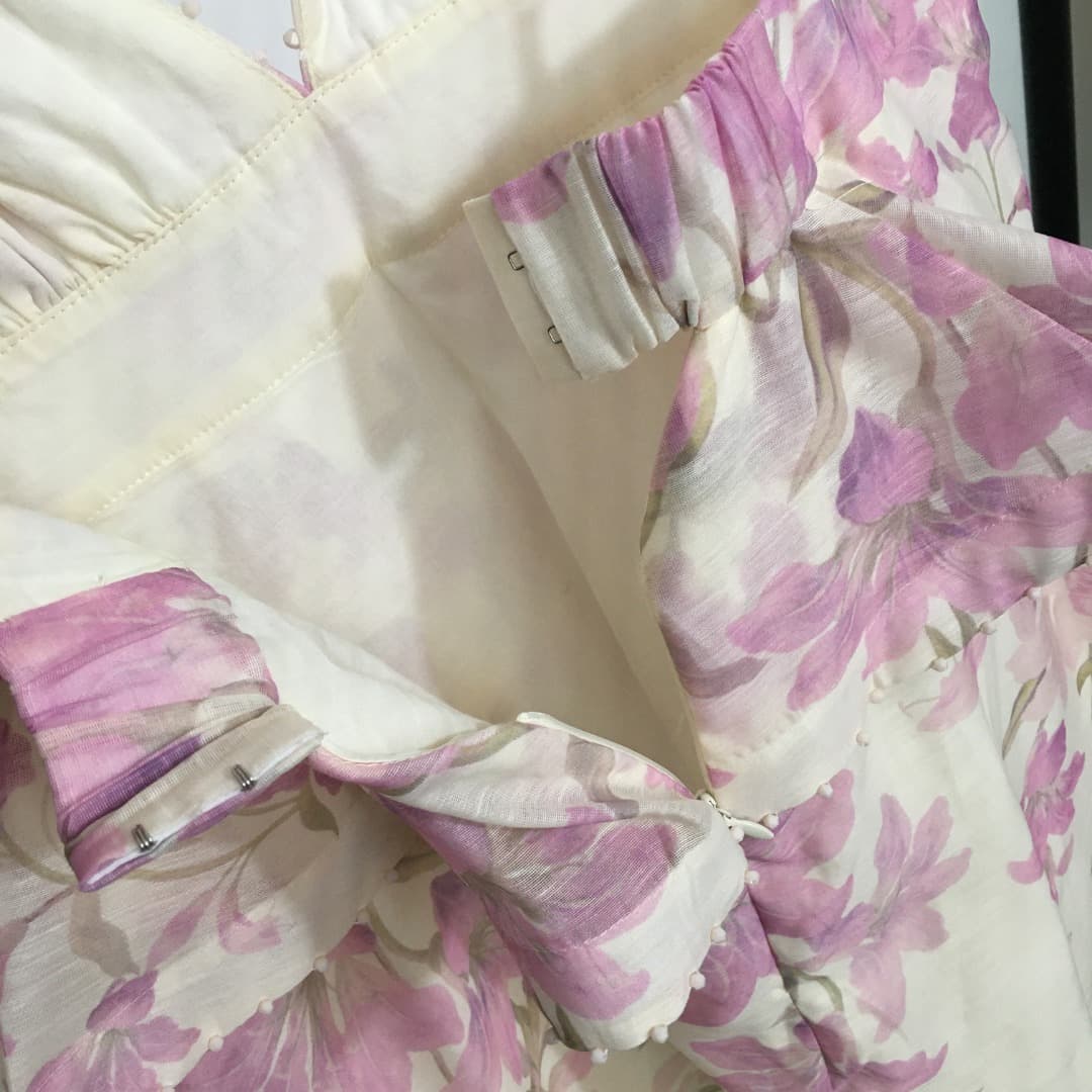 C18256 Item number: 20252648 Zimmermann new model – purple floral print, ruffled V-neck dress with waist belt. Short skirt, beige and black colors, sizes S-XL. [Size M; bust: 76, elastic; waist: 74; length: 82] — image 7