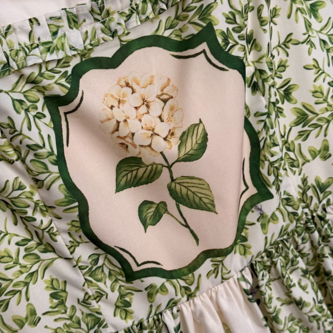 C18276 Item number 20253956 Zimmermann new model, with green flower pattern and pearl-trimmed waistband. Dress in beige color, sizes S-XL. [Size M: Bust 82, waist 72, length 116] — image 4