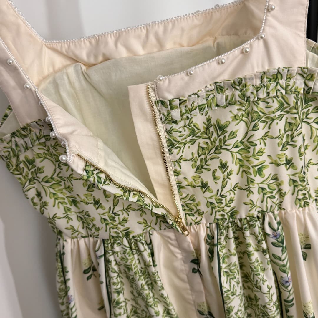 C18276 Item number 20253956 Zimmermann new model, with green flower pattern and pearl-trimmed waistband. Dress in beige color, sizes S-XL. [Size M: Bust 82, waist 72, length 116] — image 7