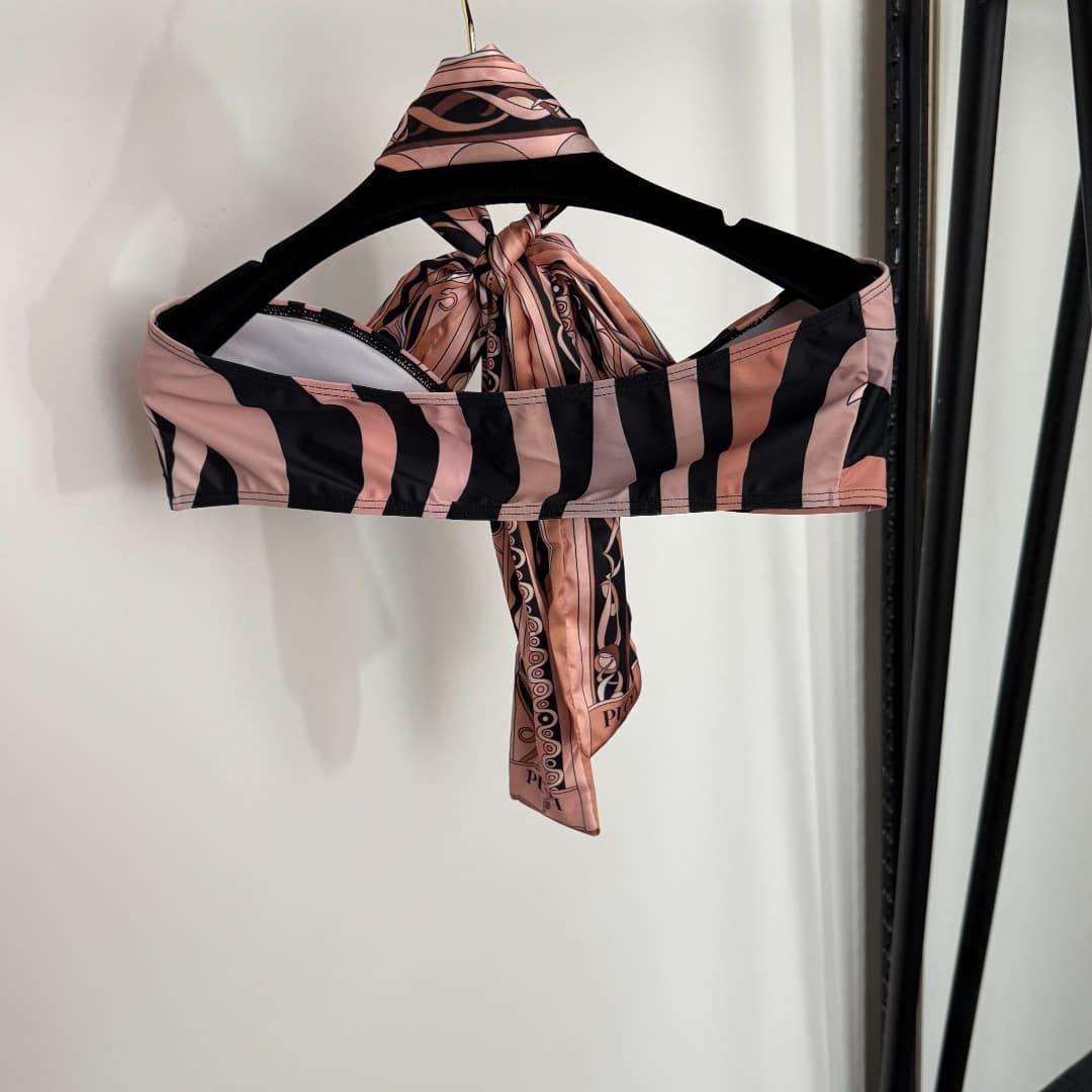 C24939 Item number: 20254322 Pucc*. New split bikini set with mixed-color stripes and prints. Headband and ribbons + bra + triangle underwear. Pink color, S-XL size. — image 5