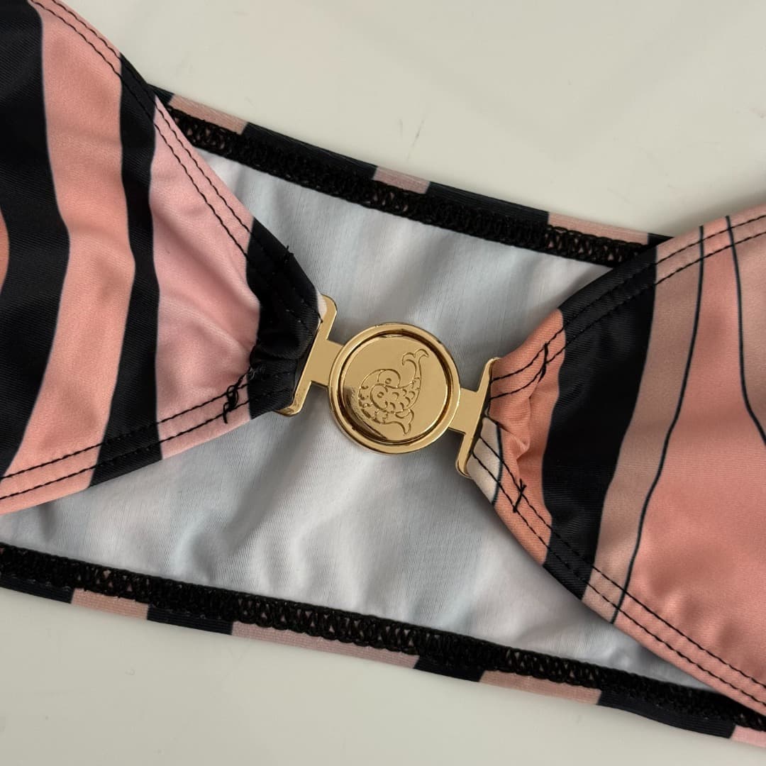 C24939 Item number: 20254322 Pucc*. New split bikini set with mixed-color stripes and prints. Headband and ribbons + bra + triangle underwear. Pink color, S-XL size. — image 3