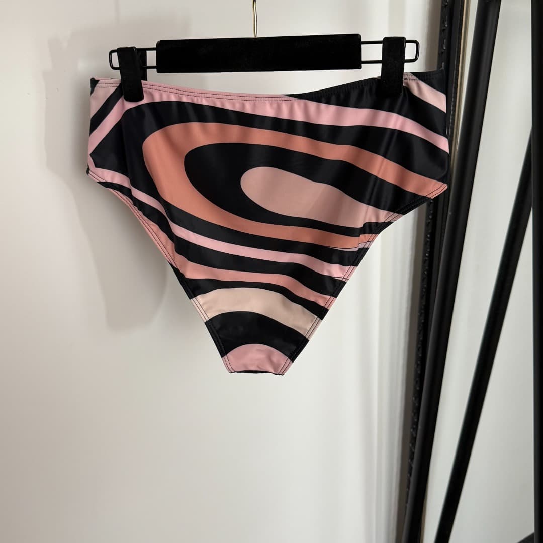 C24939 Item number: 20254322 Pucc*. New split bikini set with mixed-color stripes and prints. Headband and ribbons + bra + triangle underwear. Pink color, S-XL size. — image 8