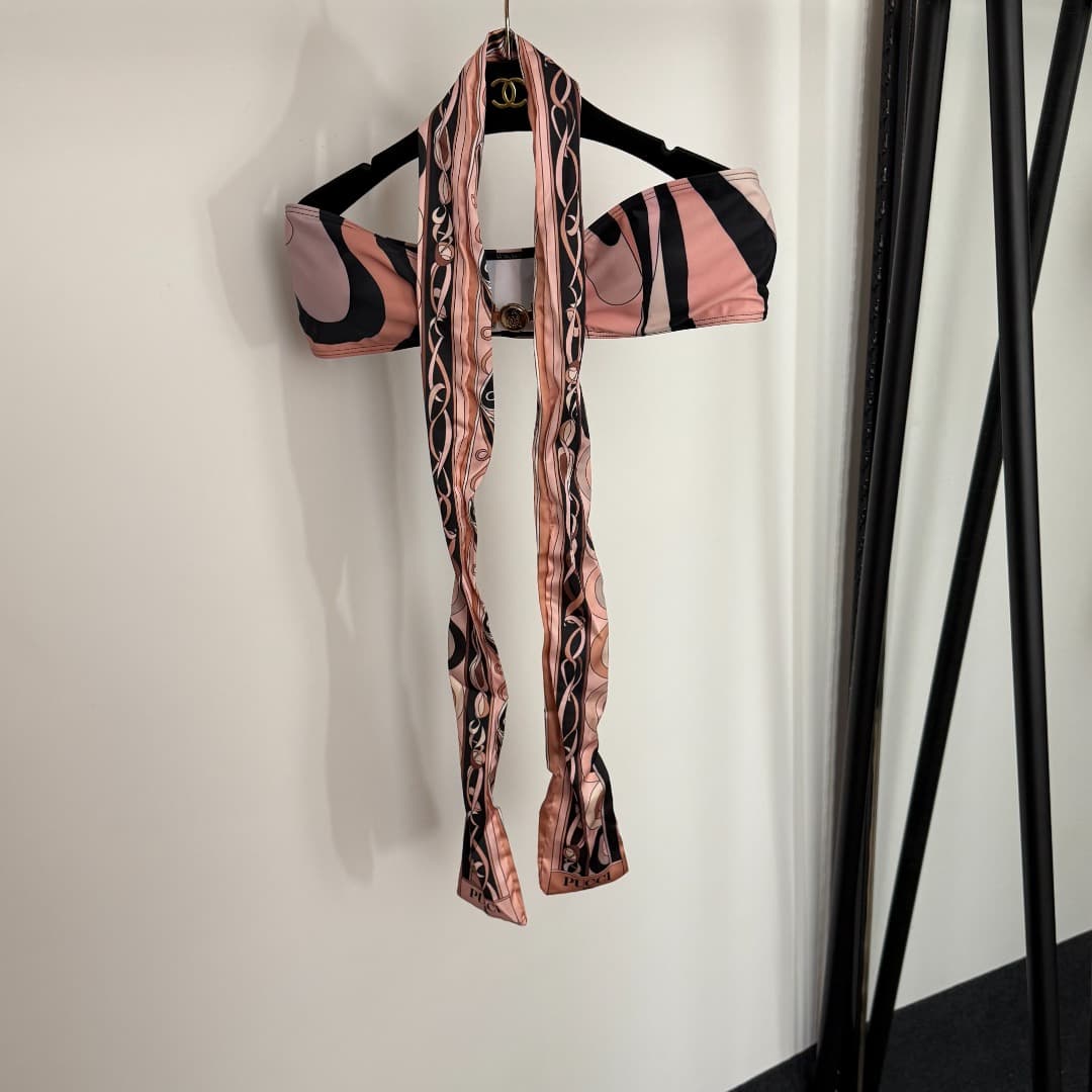 C24939 Item number: 20254322 Pucc*. New split bikini set with mixed-color stripes and prints. Headband and ribbons + bra + triangle underwear. Pink color, S-XL size. — image 2