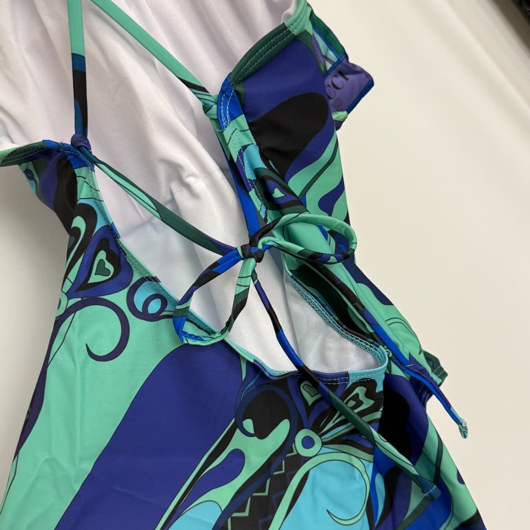 C24932 Style number 20254337 Pucc*. New model with abstract flower pattern print in mixed colors. Seductive, cool one-piece swimsuit with backless design (with silk scarf). Green color, sizes S-XL. — image 6