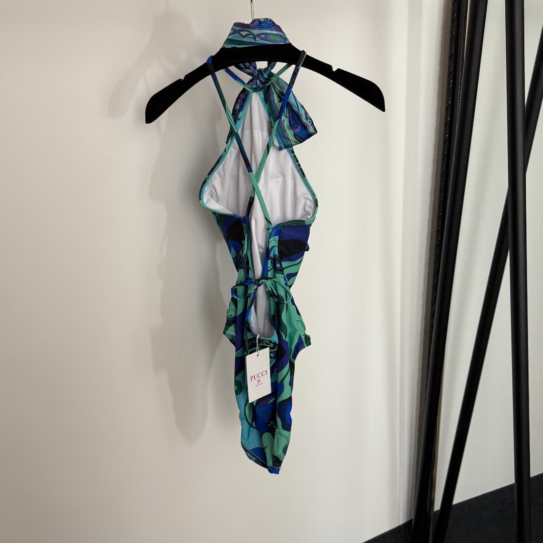 C24932 Style number 20254337 Pucc*. New model with abstract flower pattern print in mixed colors. Seductive, cool one-piece swimsuit with backless design (with silk scarf). Green color, sizes S-XL. — image 3