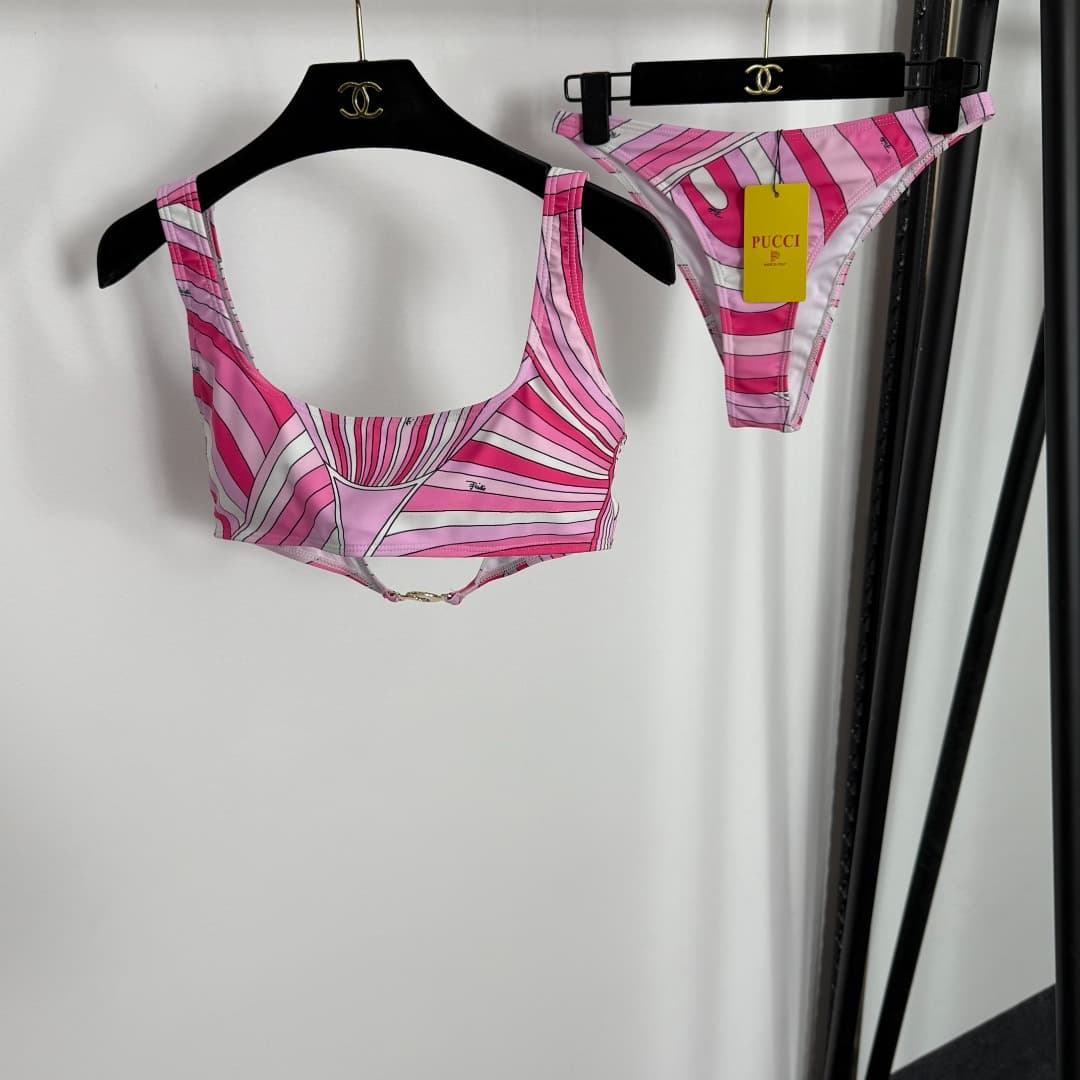 C24931 Item number: 20254907. Pucc*. New split-piece swimsuit set, multi-color print, chest pad, straps, vest + triangle underwear, pink, S-XL. [Weight: 0.130kg] — image 1