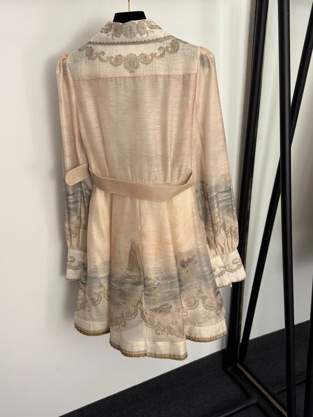 C18312 Size code 20258036 Zimmermann* Vintage/retro design, boat-shaped sailboat style, vintage print, off-the-shoulder, long sleeves dress. Short skirt, with belt. Apricot color. S-XL sizes. [M size: bust 92, waist 80, sleeve length 70, overall length 88 — image 6