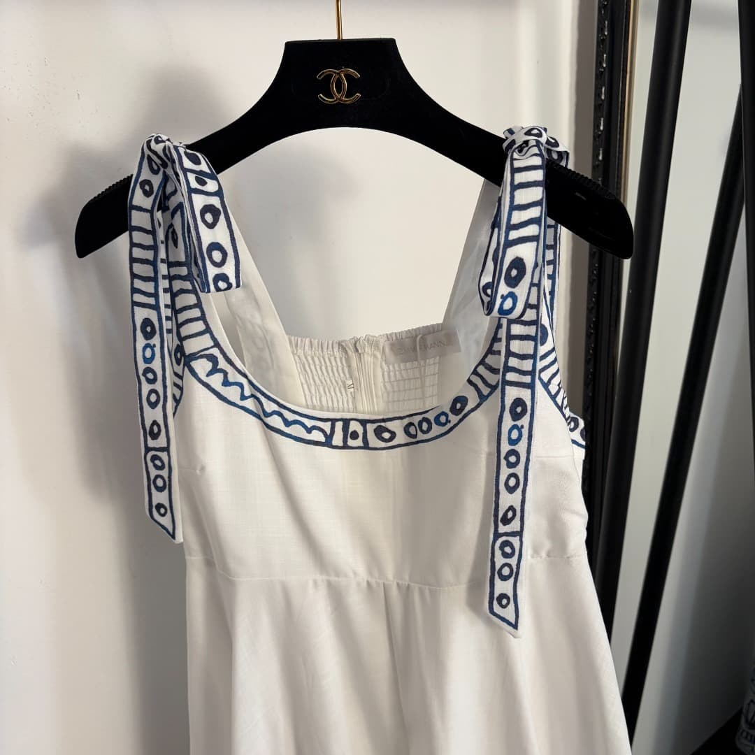 C18371 Style No. 20261542 Zimmermann* Vintage/retro abstract flower print linen wrap dress, long dress, white, S-XL. [Size M: bust 84 with elastic, waist 80 with elastic, length 132; Weight: 0, 770kg] — image 2