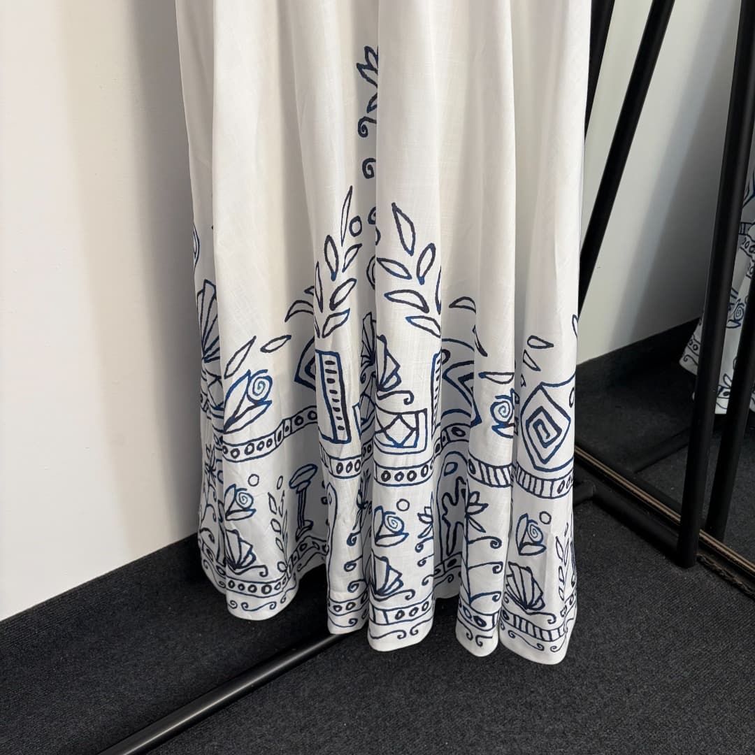 C18371 Style No. 20261542 Zimmermann* Vintage/retro abstract flower print linen wrap dress, long dress, white, S-XL. [Size M: bust 84 with elastic, waist 80 with elastic, length 132; Weight: 0, 770kg] — image 3