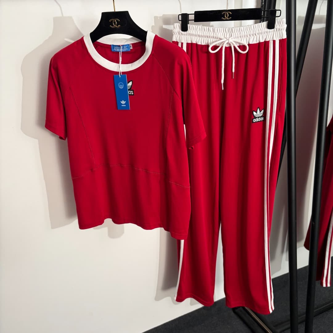 C18578 Item number: 20262589. Adida*Adidas sports set: T-shirt with clover letter embroidery on short sleeves + long pants with side stripes. Colors: gray-white, black, red. Sizes: S, M, L. [For size M: bust circumference 100, sleeve length 29, hip circum — image 6