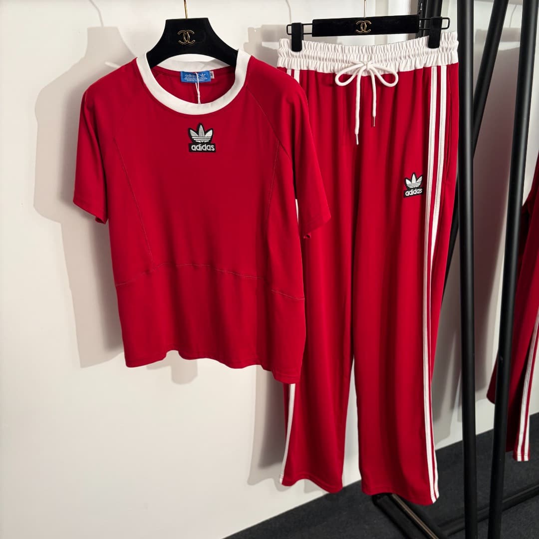 C18578 Item number: 20262589. Adida*Adidas sports set: T-shirt with clover letter embroidery on short sleeves + long pants with side stripes. Colors: gray-white, black, red. Sizes: S, M, L. [For size M: bust circumference 100, sleeve length 29, hip circum — image 5