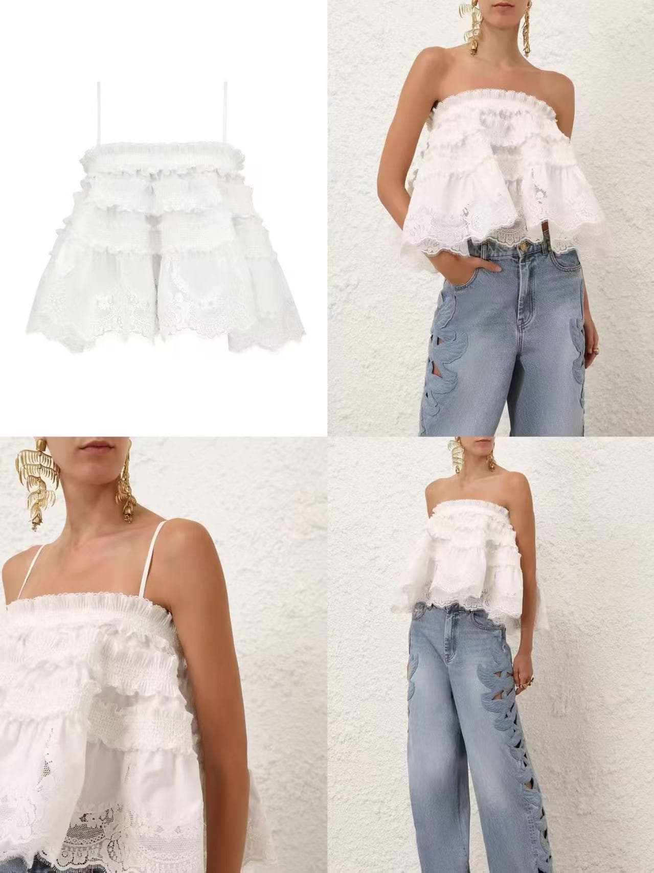 C18220 Item number: 20263979 Zimmermann* New design, lace and ruffled sweet doll-style bra strap A-shaped top. Colors: white, black. S-XL sizes available. [S size: chest circumference 66; length 43; weight 0, 490kg] — image 7