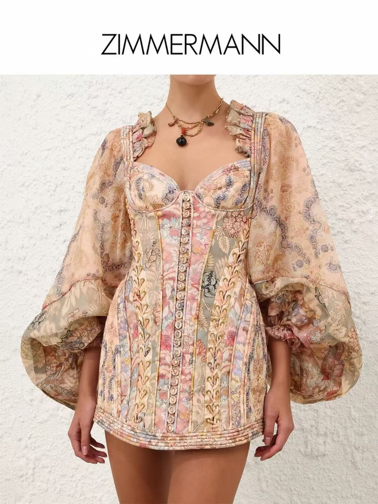 C18244 Style number 20264106 Zimmermann* Vintage/retro design, belted mid-thigh-length dress with lantern silhouette and short skirt, pink color, S-XL sizes. [Size M: Elasticity at bust 76, waist 76, sleeve length 61, overall length 81; Weight: 0, 850kg] — image 2