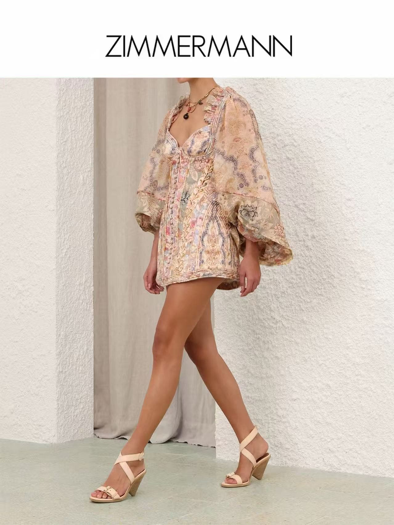 C18244 Style number 20264106 Zimmermann* Vintage/retro design, belted mid-thigh-length dress with lantern silhouette and short skirt, pink color, S-XL sizes. [Size M: Elasticity at bust 76, waist 76, sleeve length 61, overall length 81; Weight: 0, 850kg] — image 4