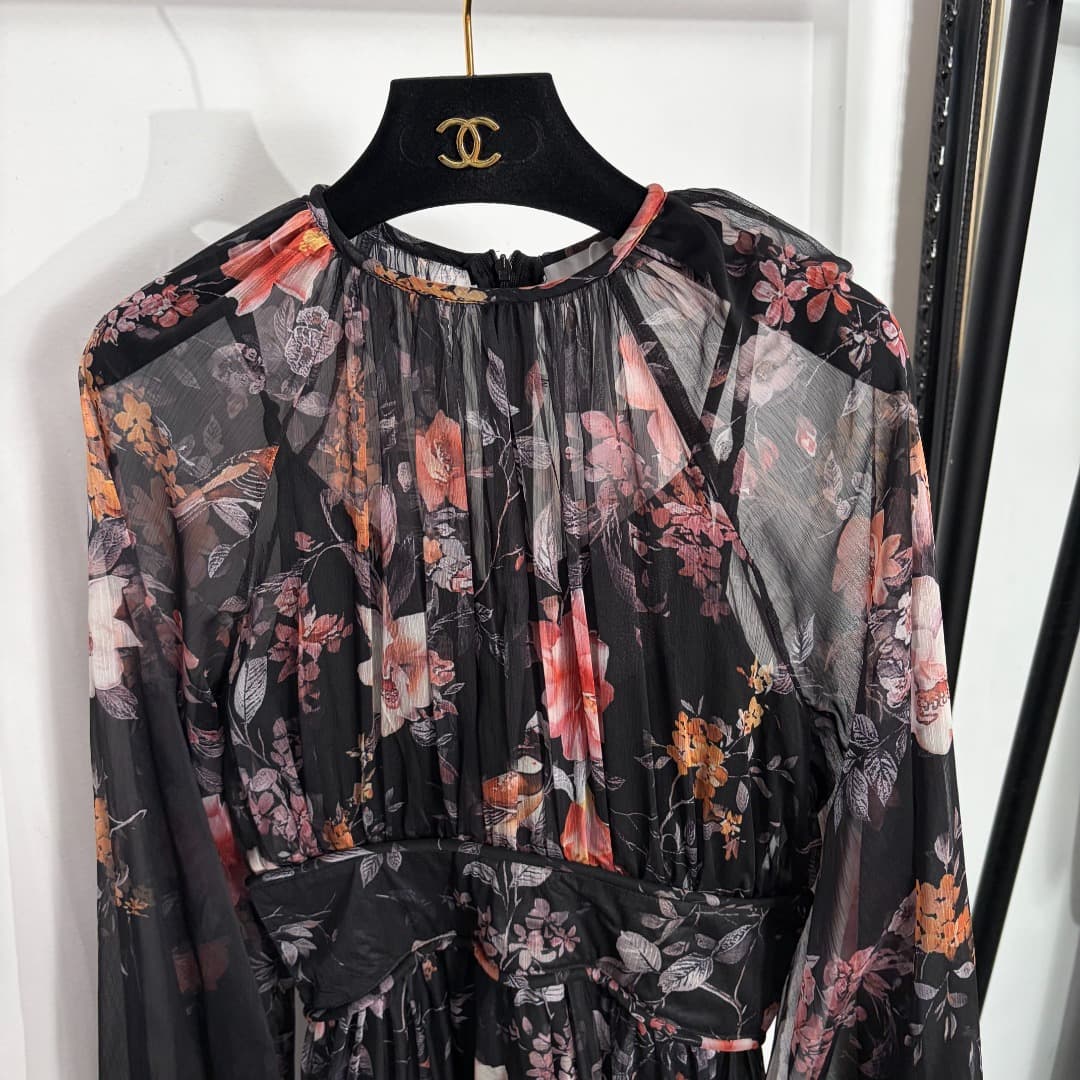 C18364 Style No. 20264277 Zimmermann* New model, elegant style, floral print, long waist dress with straps. Long dress, lined with straps, black color, S-XL sizes. [Size M: bust 86, length 90; bust 92, waist 70; elastic in the sleeves, sleeve length 75, o — image 2