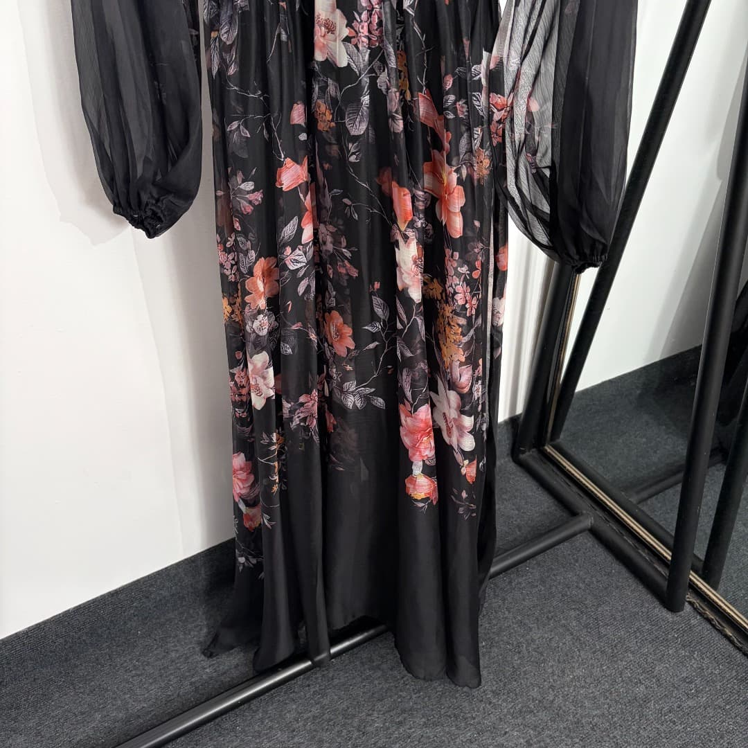 C18364 Style No. 20264277 Zimmermann* New model, elegant style, floral print, long waist dress with straps. Long dress, lined with straps, black color, S-XL sizes. [Size M: bust 86, length 90; bust 92, waist 70; elastic in the sleeves, sleeve length 75, o — image 3