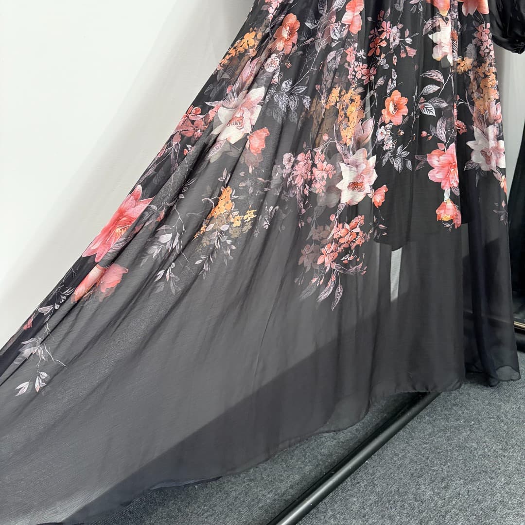 C18364 Style No. 20264277 Zimmermann* New model, elegant style, floral print, long waist dress with straps. Long dress, lined with straps, black color, S-XL sizes. [Size M: bust 86, length 90; bust 92, waist 70; elastic in the sleeves, sleeve length 75, o — image 4