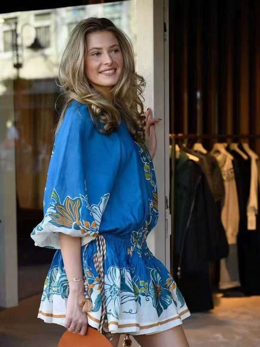 C18372 Item number: 20264253 Zimmermann* New style dress with floral print and drawstring, waist-cinching, long-sleeved, short skirt, blue color, S-XL sizes. [Size M: Bust 124, Bust 68, Length 92; Weight: 0, 605kg] — image 3