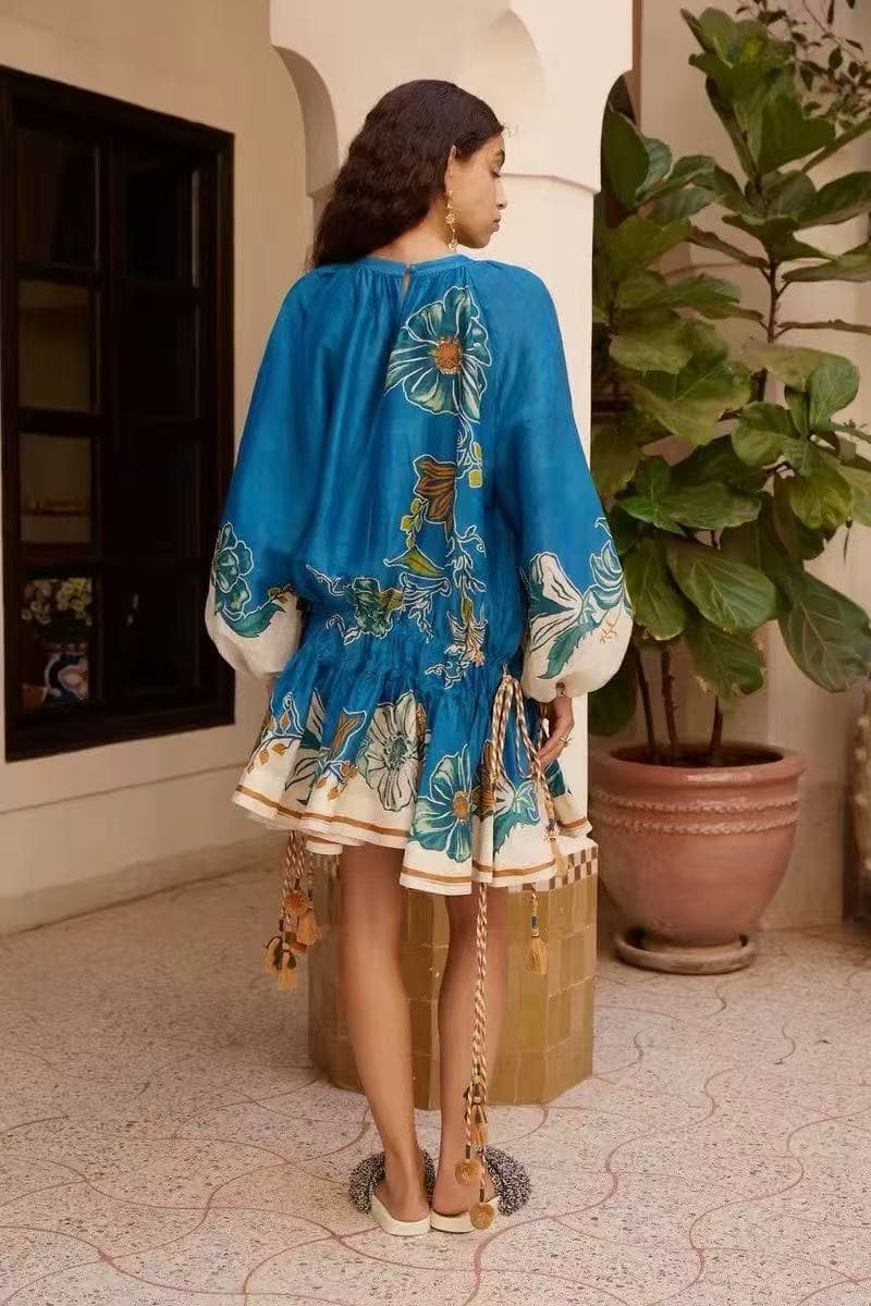 C18372 Item number: 20264253 Zimmermann* New style dress with floral print and drawstring, waist-cinching, long-sleeved, short skirt, blue color, S-XL sizes. [Size M: Bust 124, Bust 68, Length 92; Weight: 0, 605kg] — image 2