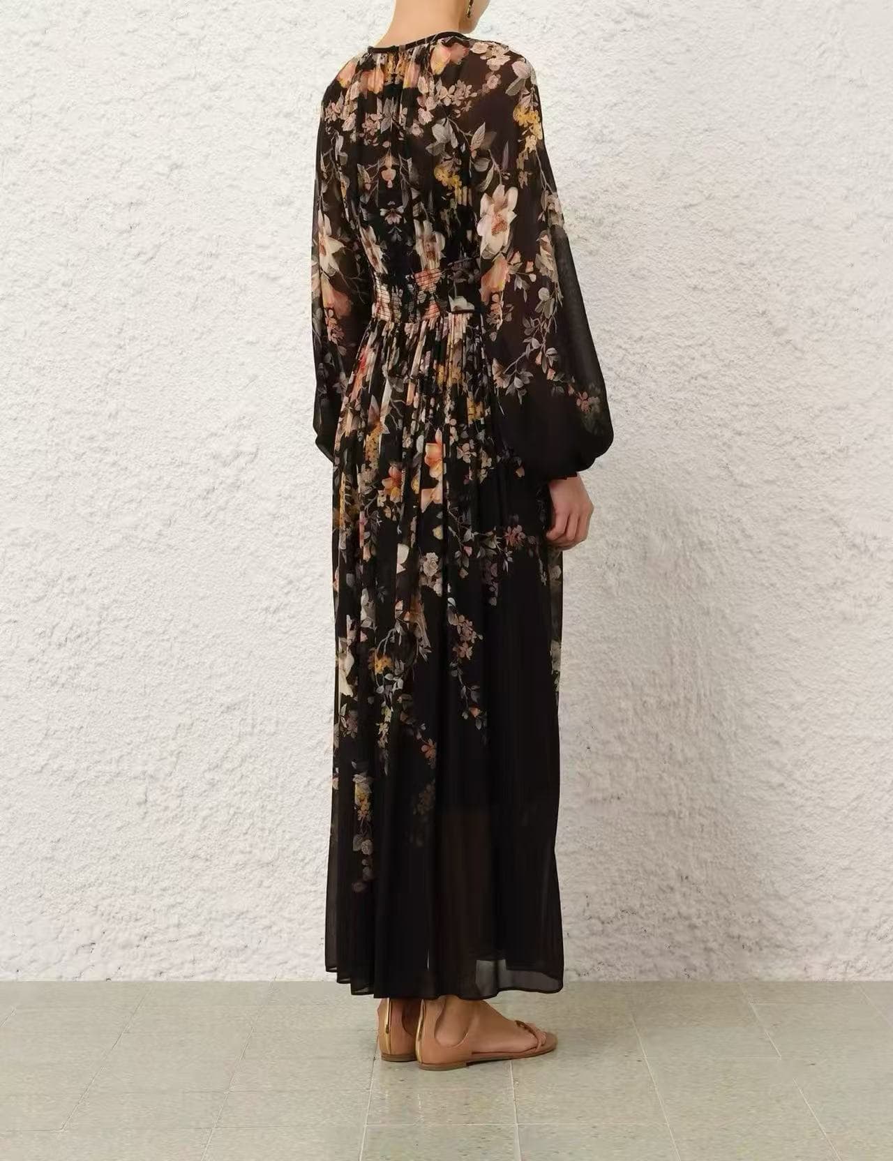 C18363 Style No. 20264277 Zimmermann* New model, elegant style, floral print, long skirt with waistband, black color, S-XL sizes. [Size M: Chest circumference 86, skirt length 90; Chest circumference 92, waist circumference 70. Elasticity, sleeve length 7 — image 3