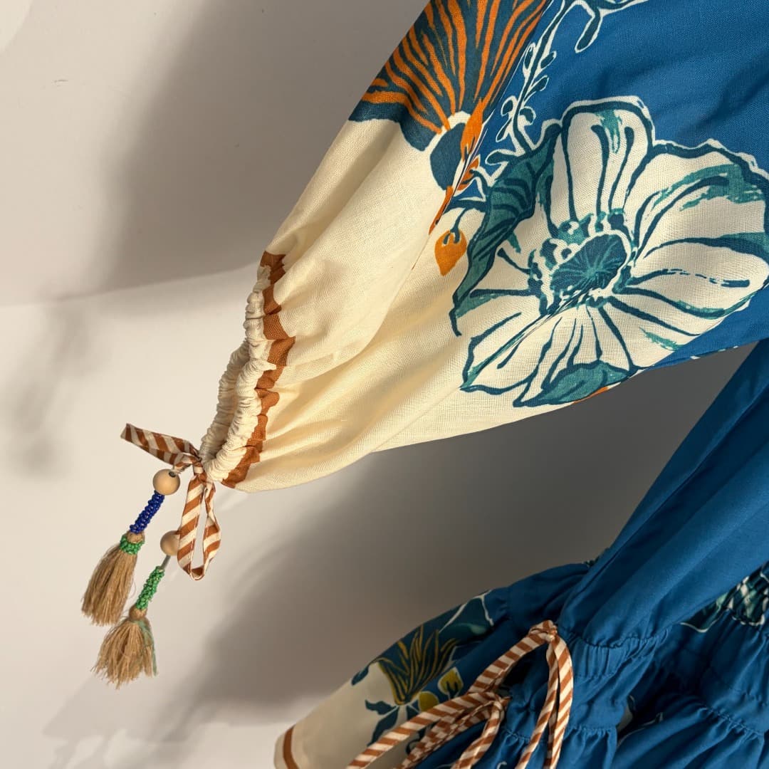 C18373 Item number: 20264253 Zimmermann* New model, floral print, drawstring, waist-cinching, long-sleeved dress with short skirt, blue color, S-XL sizes. [Size M: bust measurements 124, 68; length 92; weight 0, 605kg] — image 4