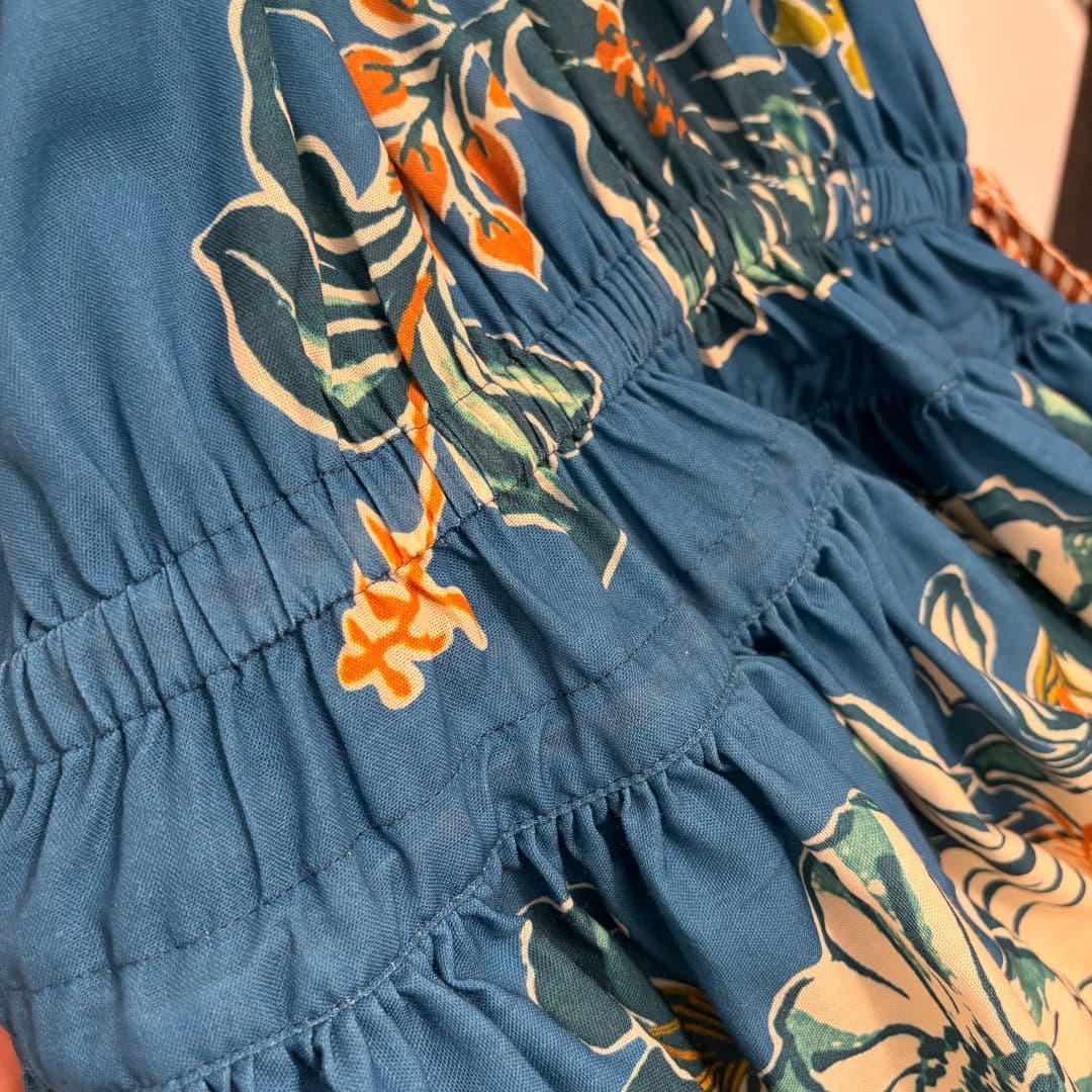 C18373 Item number: 20264253 Zimmermann* New model, floral print, drawstring, waist-cinching, long-sleeved dress with short skirt, blue color, S-XL sizes. [Size M: bust measurements 124, 68; length 92; weight 0, 605kg] — image 5