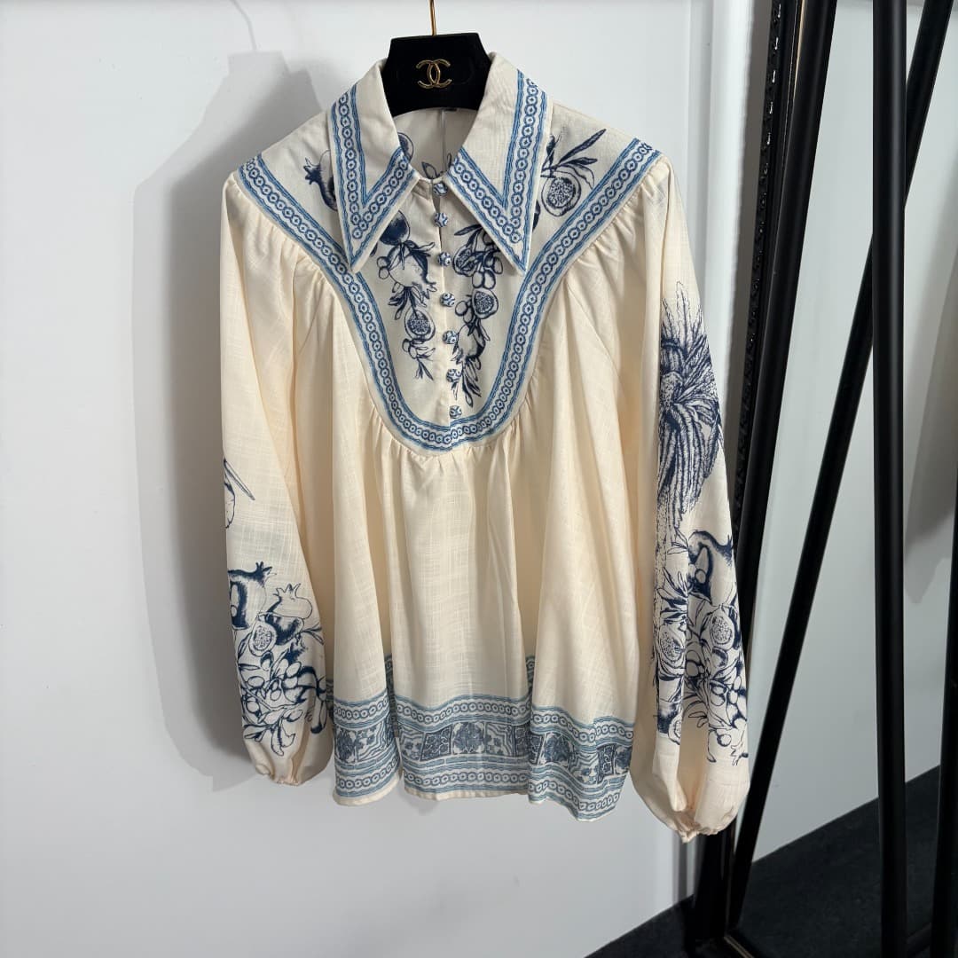 C18280 Item number: 20264257 Zimmermann* New linen set, pomegranate-patterned lantern long-sleeved shirt + high-waisted shorts, beige color, S-XL sizes. [For size M: bust circumference 126, sleeve length 74, overall length 67; waist circumference 68 with  — image 2