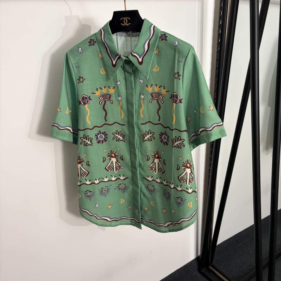 C18368 Item number: 20264259 Zimmermann* New linen set: cute pattern printed short-sleeved shirts + elastic waist wide-leg pants, green color, S-XL sizes. [Size M: shoulder width 40, bust size 110, sleeve length 28, overall length 70; waist size 70, elast — image 2