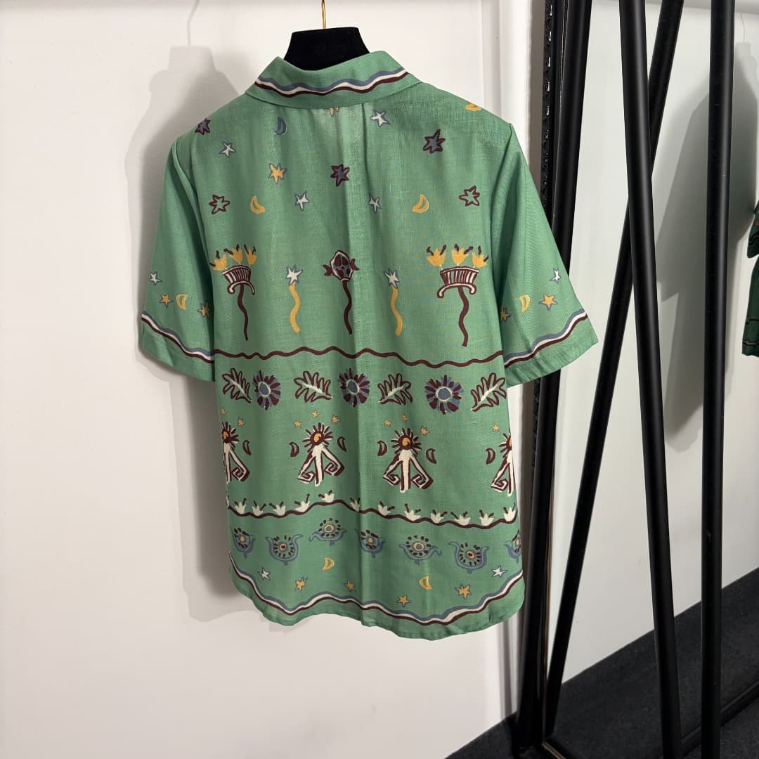 C18368 Item number: 20264259 Zimmermann* New linen set: cute pattern printed short-sleeved shirts + elastic waist wide-leg pants, green color, S-XL sizes. [Size M: shoulder width 40, bust size 110, sleeve length 28, overall length 70; waist size 70, elast — image 4
